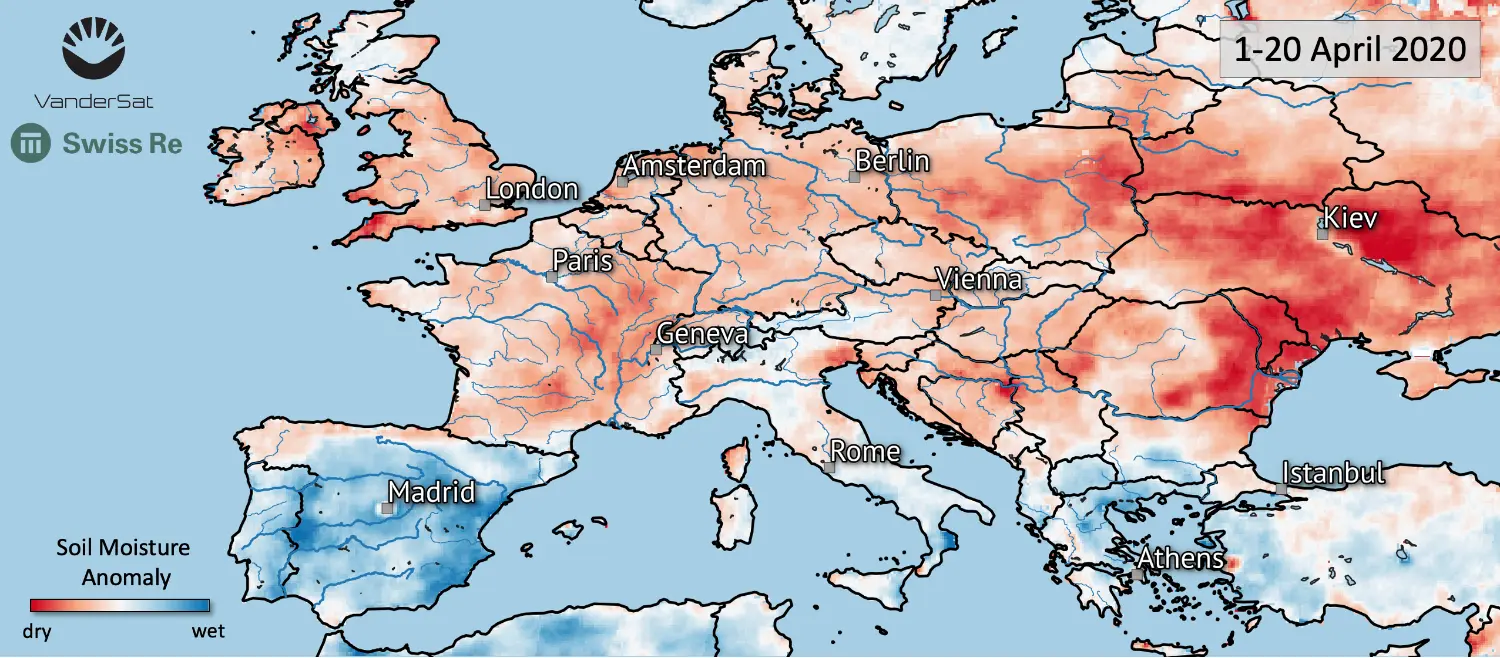 The Soil Moisture Map from April 2020 shows significant droughts in several European regions